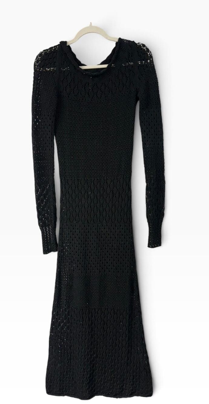 Free People Black Crochet Long Sleeve Midi Dress Small Boho Fall Transition